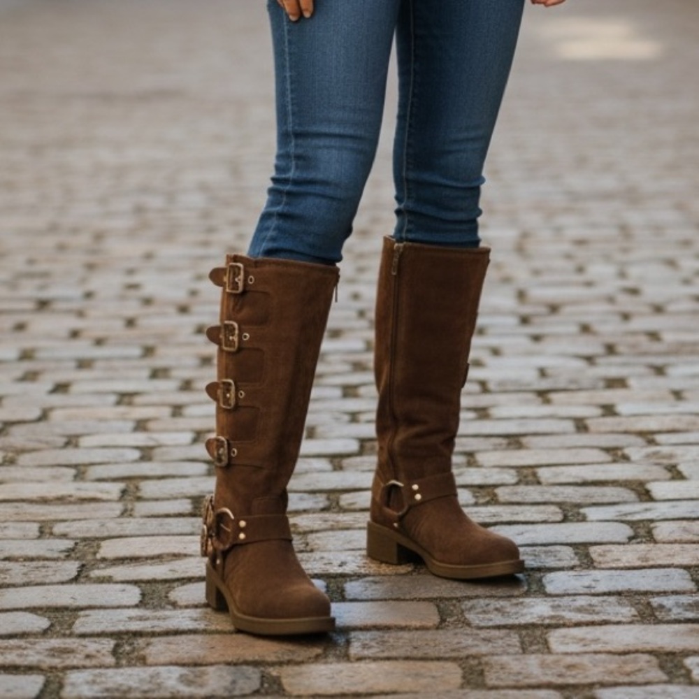Miu Miu Brown Suede Buckle Knee-High Boots - Picture 2 of 10
